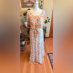 Pink Lily Maxi Ruffled Tiered Size Small Floral Cream Pink Women’s Belted Dress